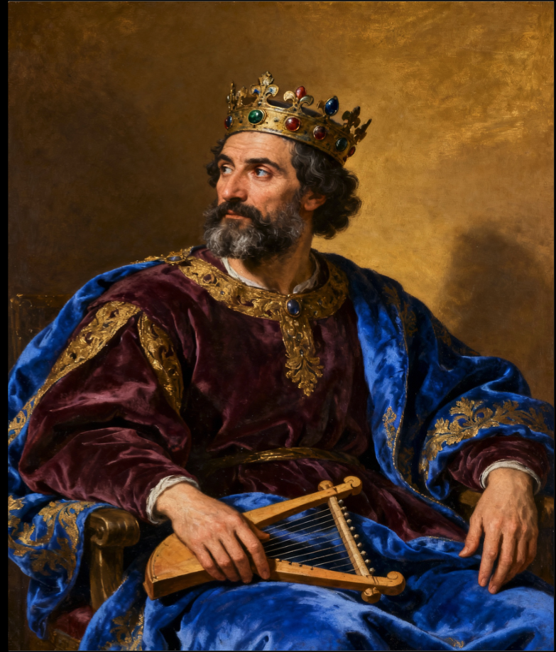 King David holding his harp — the first King, establishing the eternal House and Kingdom of David
