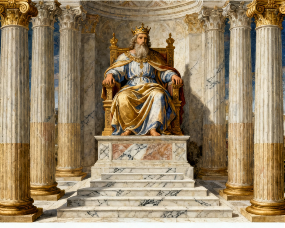 King Solomon seated upon his throne of judgment — establishing the Ecumenical and Ecclesiastical Courts and expanding the Kingdom through treaties with all nations